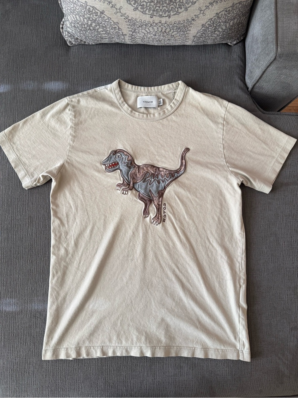 Coach Cream Short-Sleeve Tee with Brown & Gray Dinosaur Appliqué